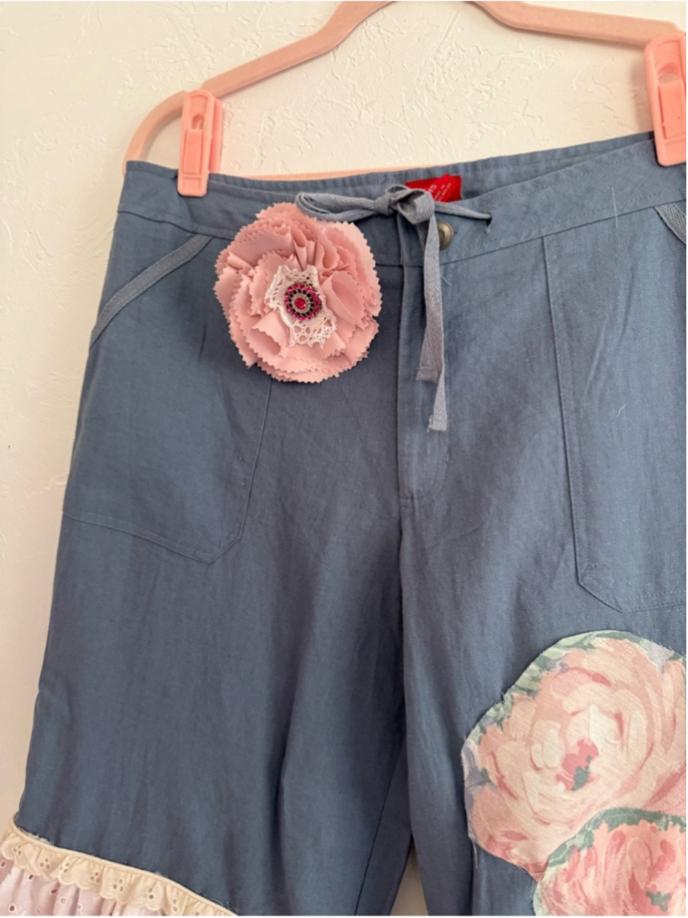 Upcycled Boho Ruffle Wide Leg Linen Blend Bloomer Pants Size 15 Large/XL - Picture 3 of 8